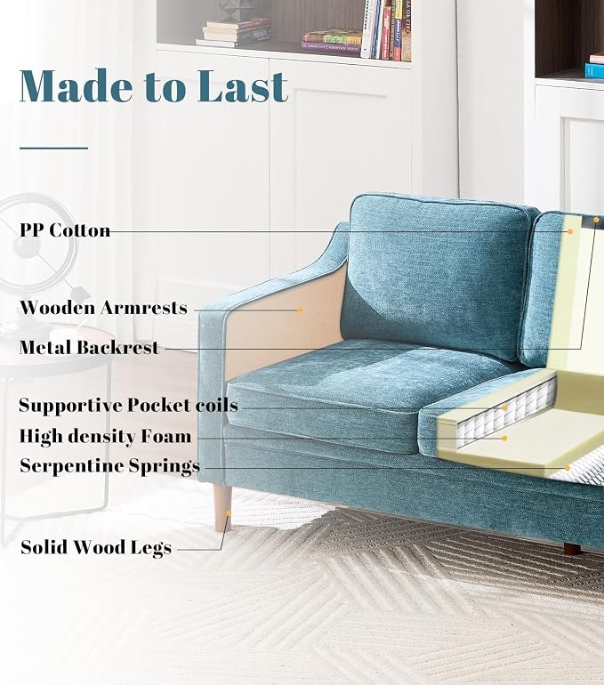Kingfun Couch Sets for Living Room, 3 Seater Couch and Armchair, Mid Century Modern Sofa Set, Chenille Couch with Solid Wood Frame for Bedroom