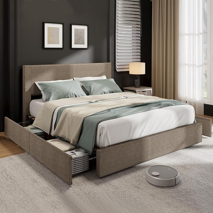 Garvee Corduroy Full Bed Frame with Headboard, Platform Upholstered Bed Frame with 4 Storage Drawers and Wooden Slats Support, No Box Spring Needed, Brown