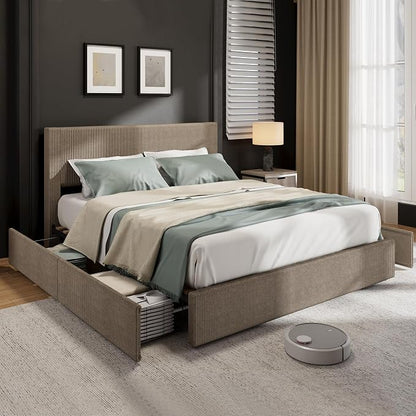 Garvee Corduroy Full Bed Frame with Headboard, Platform Upholstered Bed Frame with 4 Storage Drawers and Wooden Slats Support, No Box Spring Needed, Brown