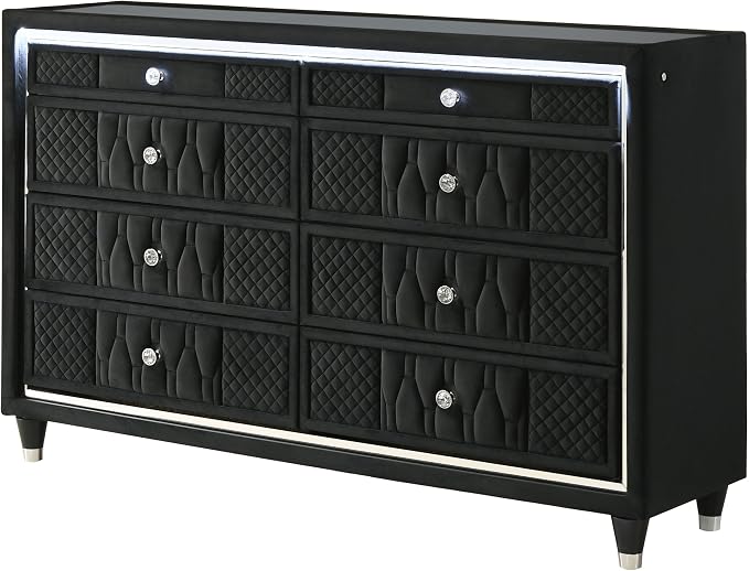 Coaster Home Furnishings - Lorient - Wood and Velvet - 8-Drawer Dresser with LED Lighting, Quilted Fronts and Crystal Knobs - Bedroom - Black - 223163