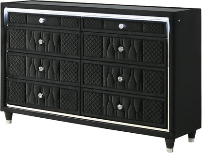 Coaster Home Furnishings - Lorient - Wood and Velvet - 8-Drawer Dresser with LED Lighting, Quilted Fronts and Crystal Knobs - Bedroom - Black - 223163