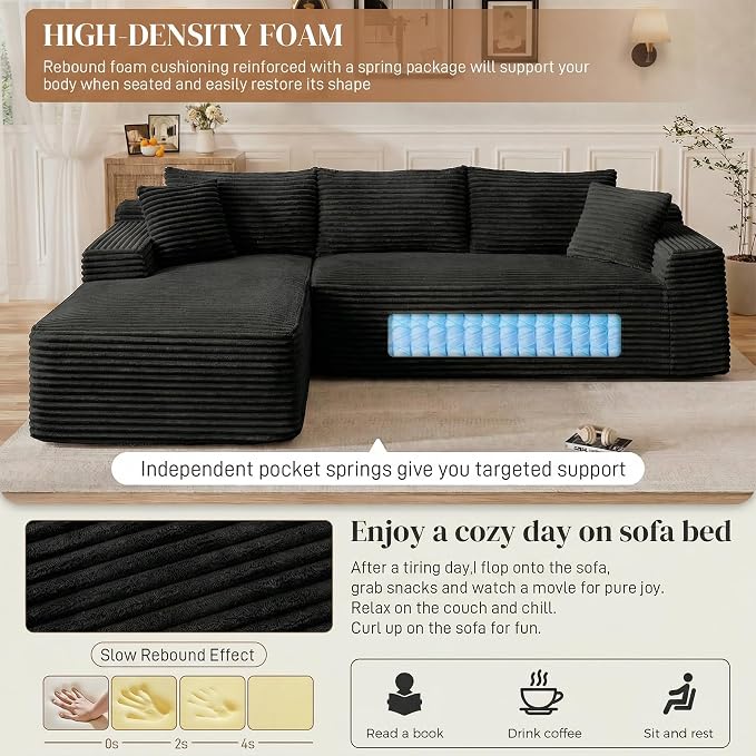96" L Shaped Cloud Boneless Sectional Couches for Living Room, Modern Comfy Modular Deep Seat Memory Foam Compressed Corduroy Sofa Oversized Left Facing Chaise, No Assembly Required, Balck