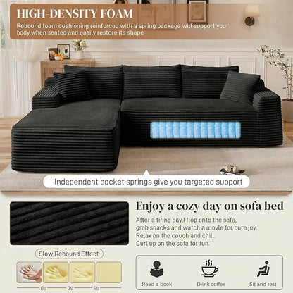 96" L Shaped Cloud Boneless Sectional Couches for Living Room, Modern Comfy Modular Deep Seat Memory Foam Compressed Corduroy Sofa Oversized Left Facing Chaise, No Assembly Required, Balck