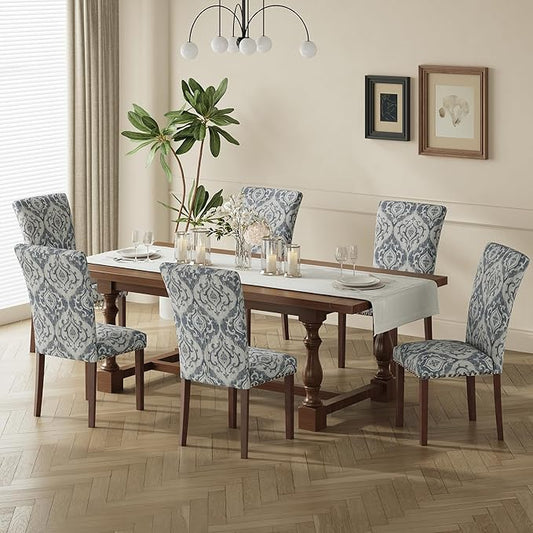 COLAMY Upholstered Parsons Dining Chairs Set of 6, Fabric Dining Room Kitchen Side Chair with Nailhead Trim and Wood Legs - Blue/White Flower