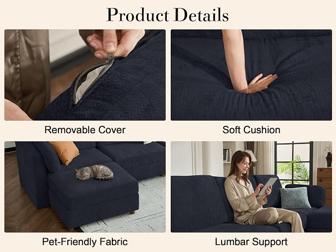 Oversized Modular Sectional Sofa U-Shaped Cloud Couches Blue | Large Deep Seat Couch for Living Room, 9 Seater Luxury Corner Sofa with Ottoman, Solid Wood Frame, Removable Washable Cover