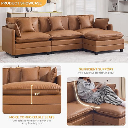 111'' Sectional Cloud Deep Seat Couch, Modern Comfy Leather L Shaped Sectional Sofa for Living Room Set, Upholstered Modular 4-Seats Sofa Couch with 1 Movable Ottoman, Leather Light Brown