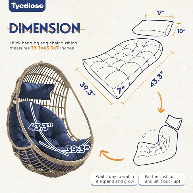 Outdoor Hanging Egg Chair Cushion Replacement, Thicken Egg Chair Cushion Waterproof Basket Eggs Chairs Cushion with Headrest Pillow, U-Shaped Cushions for Hanging Eggs Chairs Swing (Blue)