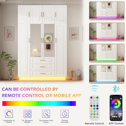 Hlivelood Large Armoire Wardrobe Closet Cabinet with Drawers and LED Lights, Multi-Tier Shelves, Hanging Rod, Large Capacity Storage 4 Door Wardrobe Armoire with Top Cabinet for Bedroom, White