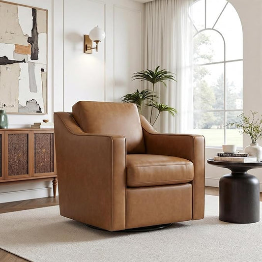 Faux Leather Swivel Accent Chair, 360° Swivel Upholstered Club Armchairs for Living Room, Comfy Single Sofa Reading Chair with Deep Seat, Metal Swivel Base, Brown