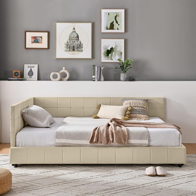 KEIKI Full Size L Shape Corner Bed Frames with Backrest and Armrests, Velvet Upholstered Sofa Daybed for Small Room, Living Room, Bedroom, Guest Room, Kids' Room