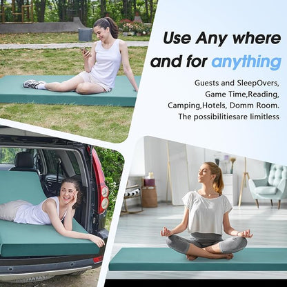 CYMULA 3 Inch Memory Foam Camping Pad, Camping Essentials Roll Up Floor Mat for Car Camping, Cot, Tent, Truck, Travel and Guest Use, Non-Slip Waterproof Bottom, Removable Cover