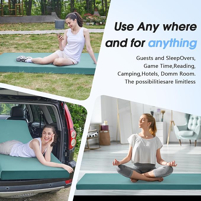 CYMULA 3 Inch Memory Foam Camping Pad, Camping Essentials Roll Up Floor Mat for Car Camping, Cot, Tent, Truck, Travel and Guest Use, Non-Slip Waterproof Bottom, Removable Cover
