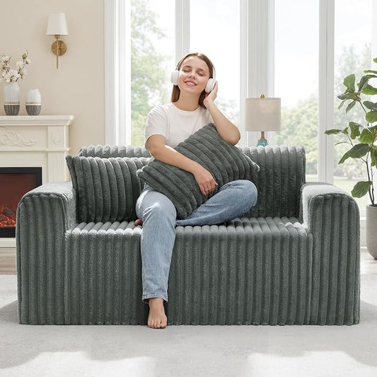 Hobestluk Couch Sofa 2-Seater Foam Sofa Loveseat for Small Spaces Comfy Sofas with Removable Cover Furry Couch with Pillows for Living Room, Bedroom, Apartment, Office (Grey, Loveseat)