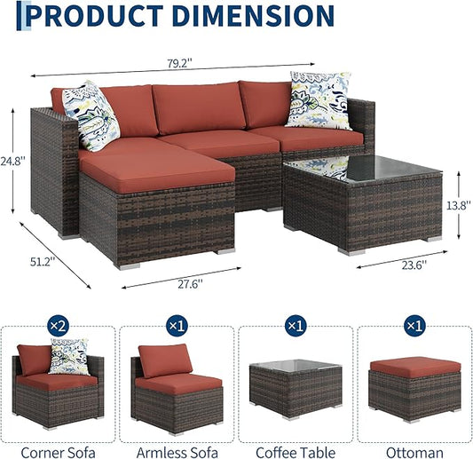 5-Piece Outdoor Sectional Sofa Set, All-Weather PE Rattan Patio Furniture with Ottoman & Tempered Glass Table, Convertible Garden Couch for Backyard, Porch, Poolside (Brown/Wine Red)