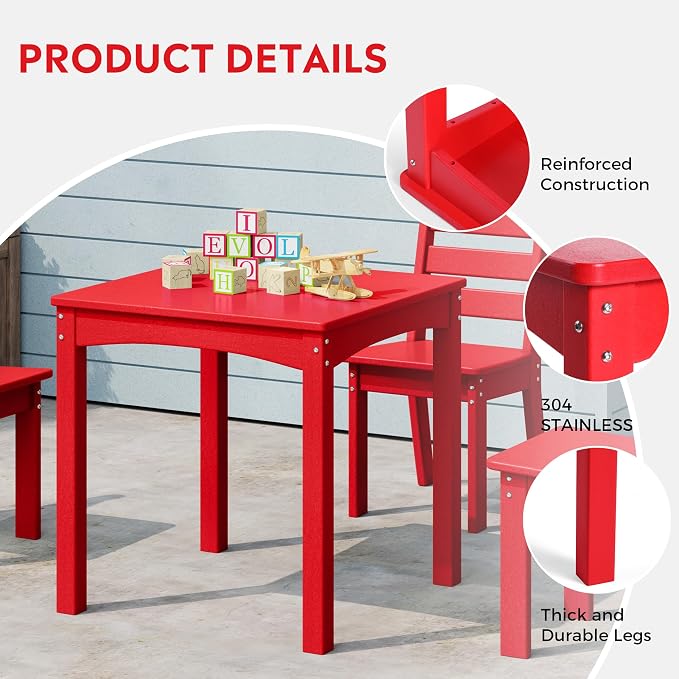 Costaelm Kids Table and 4 Chair Set, Activity Table Chair Set, Toddler Game, Playroom Furniture, Picnic Table Chairs, 5 Piece Dining Table Set, Red