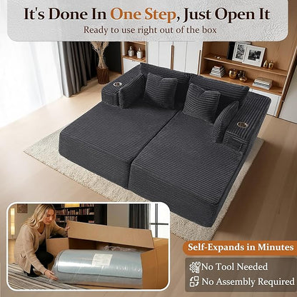 72" Cloud Sectional Couch, Comfort Sleep Sofa for Living Room, Extra Deep Seats No Assembly, Minimalist Modular Couch, Corduroy (Dark Grey, Loveseat Chaise)
