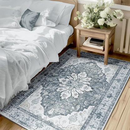 RELEANY Area Rugs 3'x4' Washable Non-Slip, Floral Vintage Distress Medallion Carpet for Living Room Bedroom Dining Room, Light Gray Grey White
