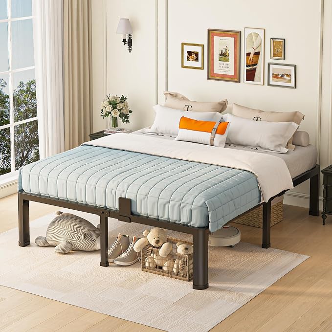 Yitong Angel 14 inch Queen Bed Frame with Round Corner Legs Mattress Slide Stopper,3500 lbs Heavy Duty Metal Platform,Steel Slats Support,No Box Spring Needed,Easy Assembly,Noise Free