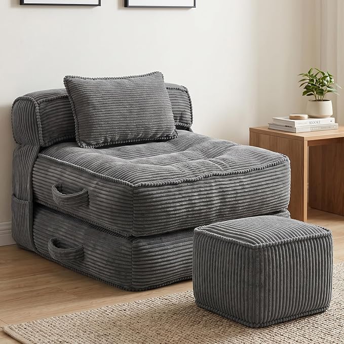 Folding Sofa Bed, Convertible Sleeper Chair with Pillow Foldable Mattress with Back Support, Portable Fold Out Chair Bed Comfy Floor Couch Lounge for Living Room Bedroom Apartment Single