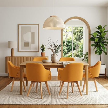 Swivel Dining Chairs Set of 6, Linen Fabric Upholstered Dining Chairs with Arms and Wood Legs, Mid Century Modern Kitchen Chairs for Dining Room Living Room, Comfortable Large Seat, Yellow
