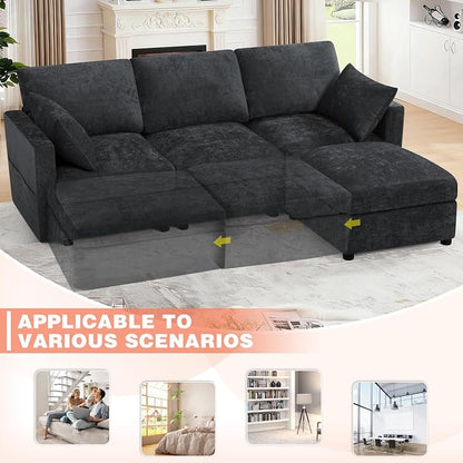 84” Chenille 3-Seats Sofa W/Movable Ottoman, Black | Modern Fabric L-Shaped Couch w/Soft Backrests, Upholstered Sectional Sofa w/Arm Pillows for Living Room