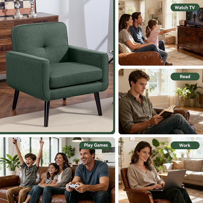 Vogue Furniture Direct Mid Century Accent Chair, Fabric Modern Chair with Wooden Frame, Cozy Armchair Reading Chair with Comfy Back for Apartment, Living Room, Bedroom, Small Space, Corner, Green
