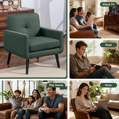 Vogue Furniture Direct Mid Century Accent Chair, Fabric Modern Chair with Wooden Frame, Cozy Armchair Reading Chair with Comfy Back for Apartment, Living Room, Bedroom, Small Space, Corner, Green