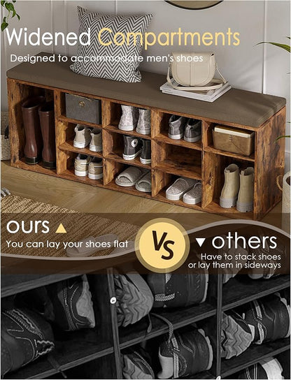 DINZI LVJ Shoe Storage Bench with Cushion, 13-Cubby Shoe Rack, Adjustable Shelves, Multifunctional Shoe Organizer Bench for Entryway, Mudroom, Hallway, Living Room, Bedroom and Garage, Rustic Brown