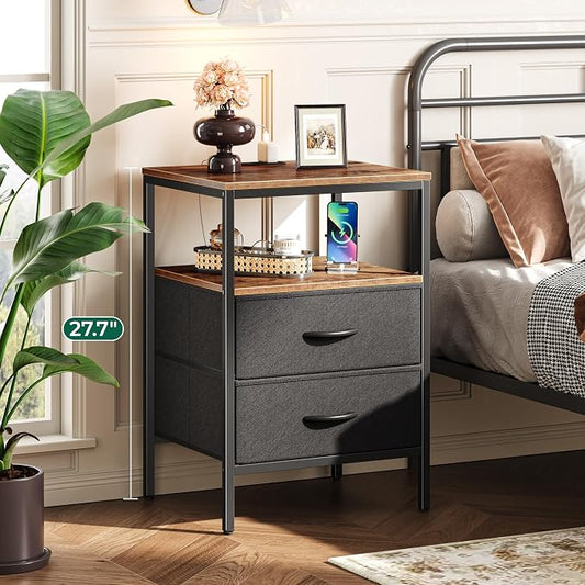 Huuger Night Stand with Charger Station, 27.7 Inch Tall Nightstand, Bed Side Table with 2 Fabric Drawers, Fabric Drawer Dresser for Bedroom, Living Room, Rustic Brown and Black