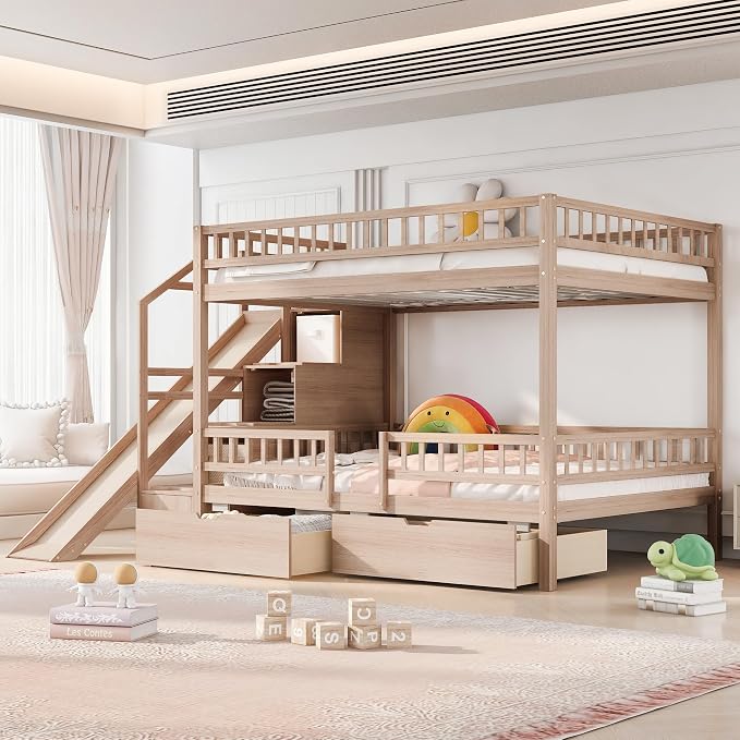 Full Over Full Bunk Bed with Slide and Staircase