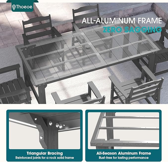 THOEOE 7 Piece Outdoor Dining Set, Patio Dining Table and 6 Chairs, All-Aluminum Frame, All-Weather HDPE Outdoor Furniture with Umbrella Hole for Garden, Lawn, Poolside, Grey