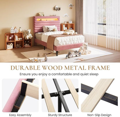 SHA CERLIN Twin Bed Frame with LED Light & 2-Tier Storage Shelf, Velvet Upholstered Adjustable Headboard with Charing Station, Horizontal Channel Tufted, No Box Spring Needed, Easy Assembly, Pink
