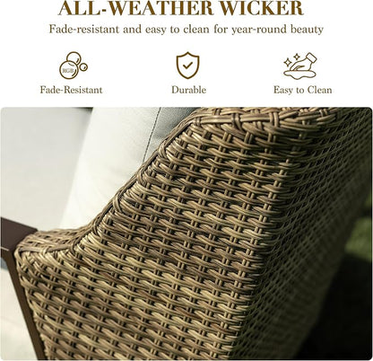 3 Piece Wicker Patio Bistro Set, All Weather Outdoor Conversation Set with Thick Washable Olefin Cushions, 2 Armchairs & Coffee Table for Backyard Deck Porch, Beige