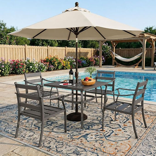 EROMMY 5-Piece Outdoor Patio Dining Set, 4 Metal Slat Chairs & Square Table with Umbrella Hole, All-Weather Patio Furniture for Backyard, Deck and Garden