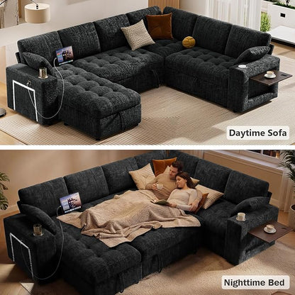 Vipbear 111" Modular Sectional Sleeper Sofa with Pull Out Bed, 7 Seat Chenille L Shaped Couch with Storage Chaise|USB Ports|Cup Holders|Side Table|LED Light, Tool Free Assembly, Black