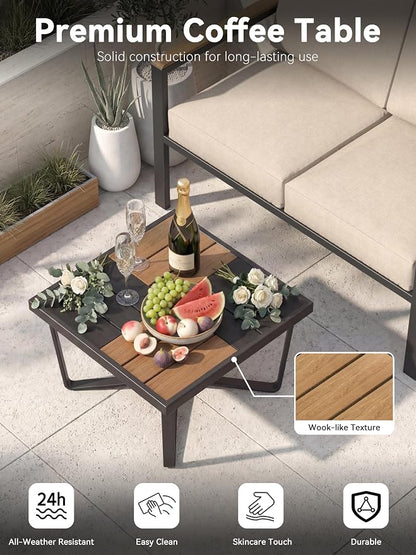 5-Piece Patio Furniture Set with Fire Pit Table & Coffee Table & Removable Washable Cushions, All-Weather Metal Frame and Wood-Like Armrests for Porch, Garden, Balcony,Beige