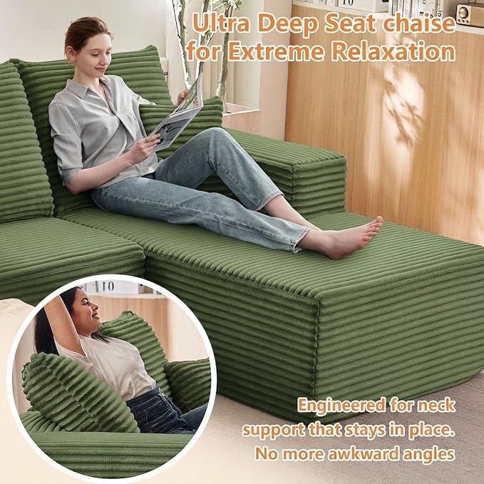 Sectional Couches for Living Room Cloud Couch Sofa with L-Shape Couch in a Box Upholstered Boneless Couchs Modern Modular Sectional Couch with Chaise (Green,B-3 Seater-Right-Facing Chaise-96 inch)