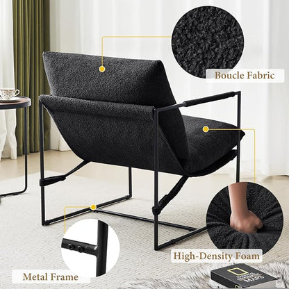 Furnilivng Large Sling Accent Chair, Comfortable Boucle Fabric Arm Chair, Upholstered Cozy Reading Chair for Living Room, Bedroom, Dressing Room, Home Office (Black, Set of 1)
