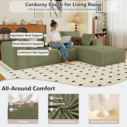 95" Cloud Sectional Couch with L-Shape Chaise, Modular Comfy Sofa Chaise Longue, Upholstered Corduroy Couches Sleeper with Deep Seat for Living Room Bedroom, No Assembly Required(Green, Right Facing)