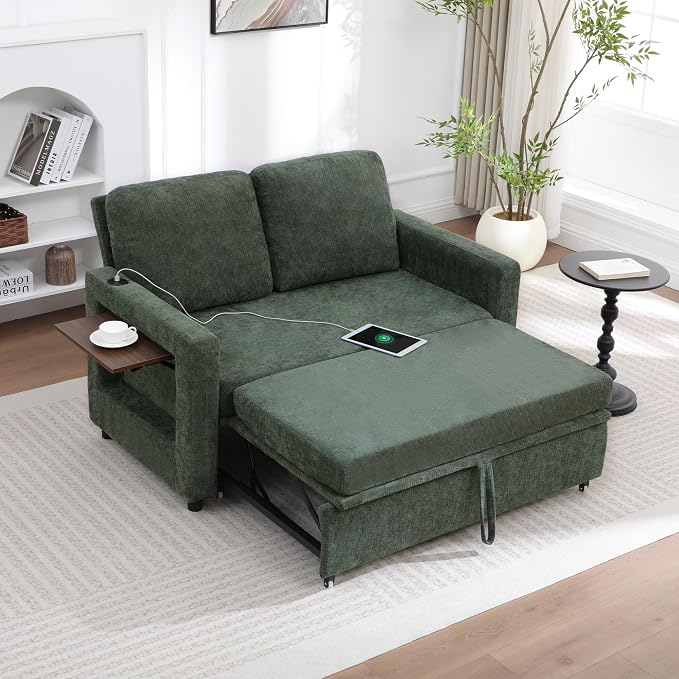 3 in 1 Folding Convertible Sleeper Sofa Bed Pull Out Couch with Side Pockets USB Port Side Table Loveseat Sofa Bed with Adjustable Backrest for Living Room Bedroom 66" DarkGreen 2 SEAT