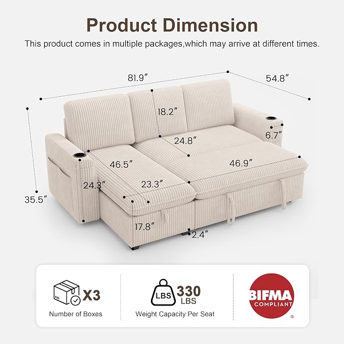 Sectional Sleeper Sofa with Pull Out Bed, Plush Corduroy Sectional Sofa with Storage Chaise and Adjustable Backrest, Cloud Sectional Couches for Living Room, Apartment, Beige
