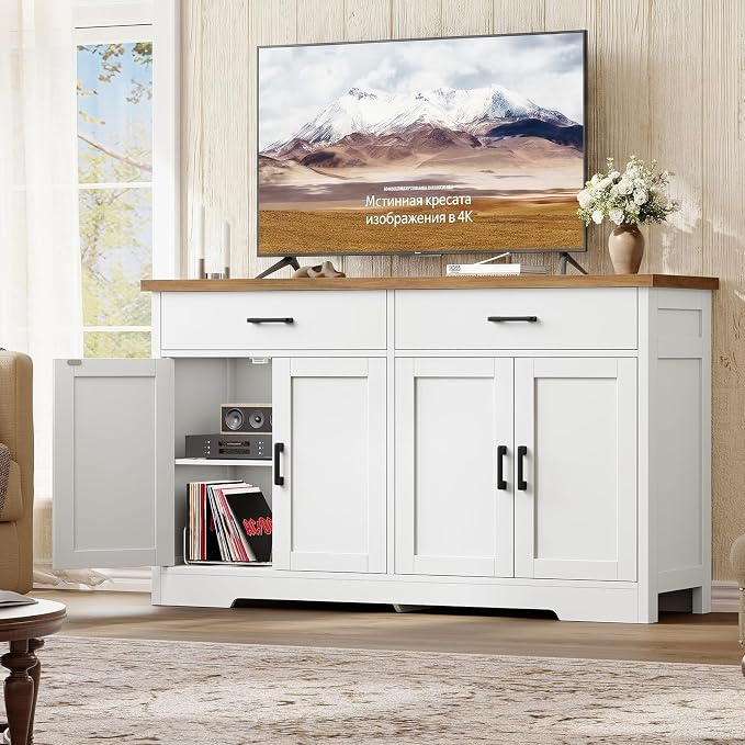 usikey Buffet Cabinet with Storage and 2 Drawers, Large Sideboard Buffet Cabinet with Adjustable Shelves and Doors, Modern Coffee Bar Cabinet, White