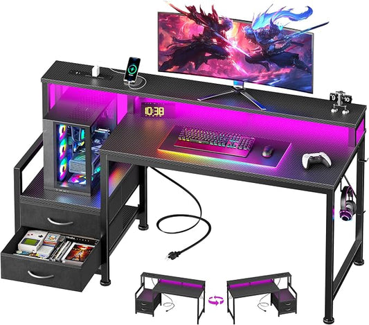 Furologee 47" Gaming Desk with LED Lights & USB-C Port, Reversible Computer Desk with Monitor Stand, Storage Shelves & 2 Fabric Drawers, Gaming Table with Power Outlets & Hooks, Carbon Fiber Black
