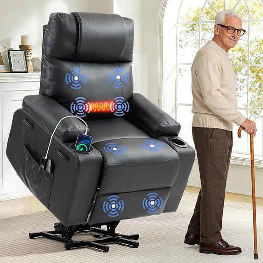 Brage Living Power Lift Recliner Chair for Elderly with Massage & Heat, PU Leather Electric Recliner with USB Charge Port, 160° Adjustable Recline, Stand Assist, Remote Control, Cup Holders (Black)