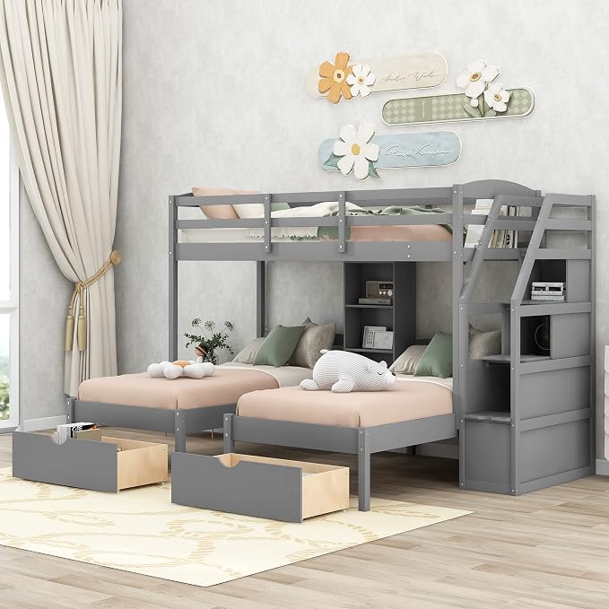 VilroCaz Twin Size Triple Bunk Bed with Drawers and Staircase, Solid Wood Bunk Bed Frame with Safety Full-Length Guardrail and Built-in Shelves, 3 Beds in 1 for Kids Teens Adults