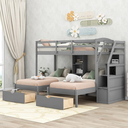 VilroCaz Twin Size Triple Bunk Bed with Drawers and Staircase, Solid Wood Bunk Bed Frame with Safety Full-Length Guardrail and Built-in Shelves, 3 Beds in 1 for Kids Teens Adults