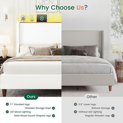 LARMACE King Size Bed Frame with LED Lights and Charging Station Linen Upholstered Platform Bed Frame with 51.2" Tall Wingback Headboard and Storage Shelf, No Box Spring Needed, Easy Assembly, Cream