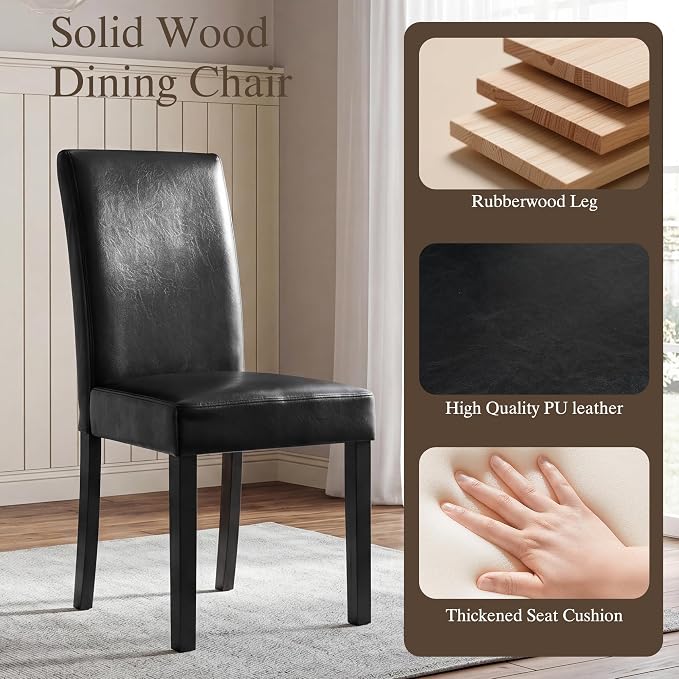 LSSBOUGHT Modern Dining Chair Set of 4 Urban Style PU Kicthen Chairs with Solid Wood Legs for Dining Room and Restaurant(Black)