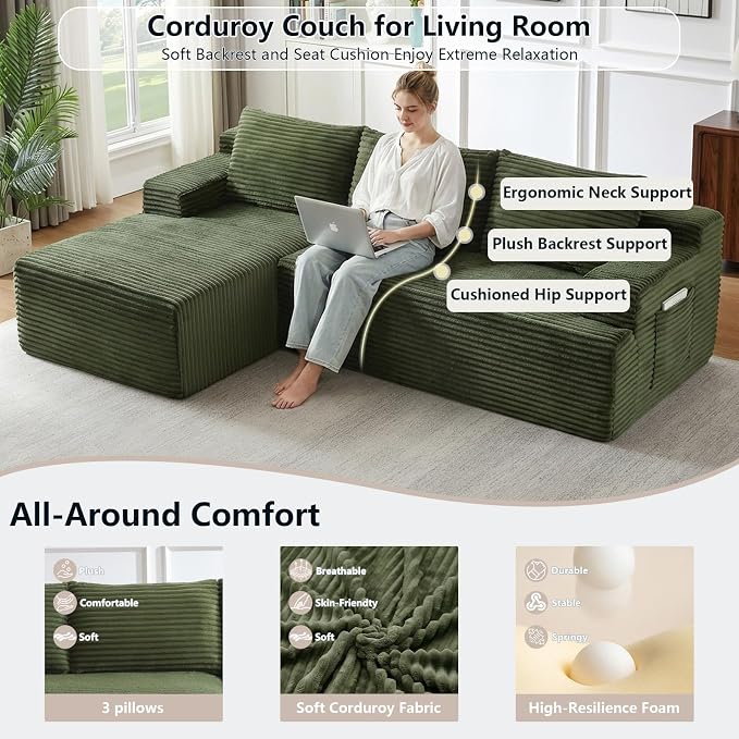 96" Cloud Sectional Couch with L-Shape Chaise, Modular Comfy Sofa Chaise Longue, Upholstered Corduroy Couches Sleeper with Deep Seat for Living Room Bedroom, No Assembly Required(Green, Left Facing)