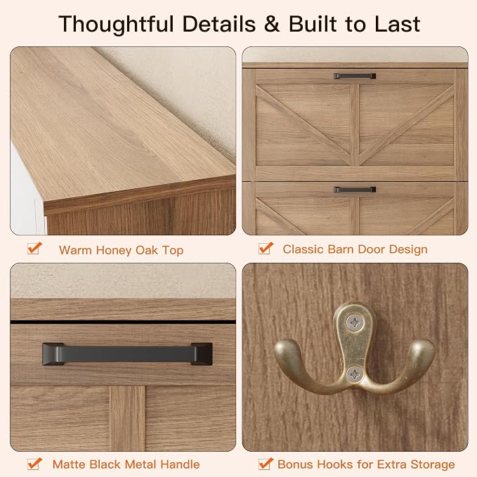 Nicetree Freestanding Shoe Cabinet for Entryways – Shaker Barn Door Style, 3 Flip Drawers, Ultra Slim 9.5" Depth – Farmhouse Shoe Rack with 3 Adjustable Shelves – Caramel Organizer for Hallway & Foyer
